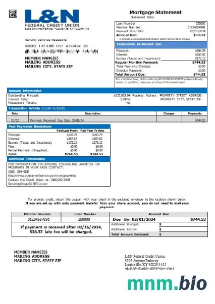 USA Kentucky L&N Federal Credit Union wyciąg z kredytu hipotecznego szablon Word i PDF
